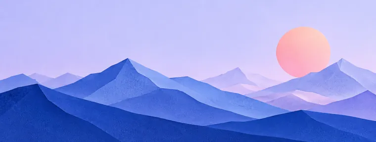 Layered blue paper mountains with a peach sun